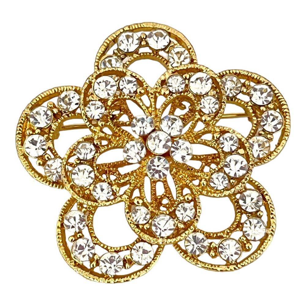 Vintage 1990s Rhinestone Flower Brooch Gold Tone Openwork - 3A